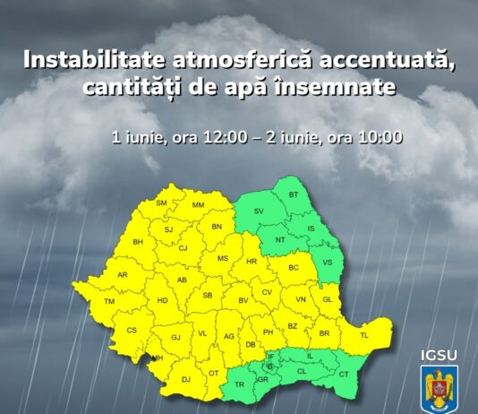 Județul Galați, sub COD GALBEN de averse torențiale, descărcări electrice și vânt